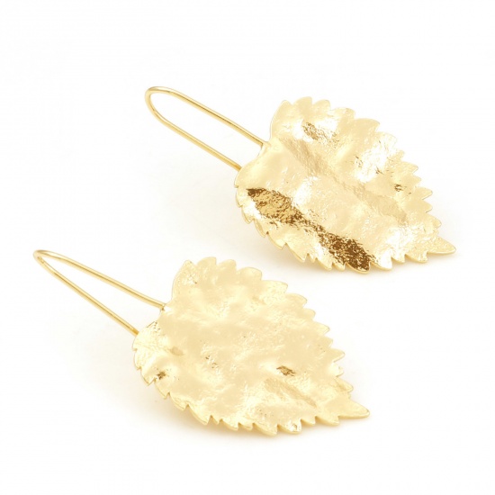 Picture of Brass Flora Collection Ear Wire Hook Earrings Matt Gold Leaf 39mm x 19mm, Post/ Wire Size: (21 gauge), 2 PCs