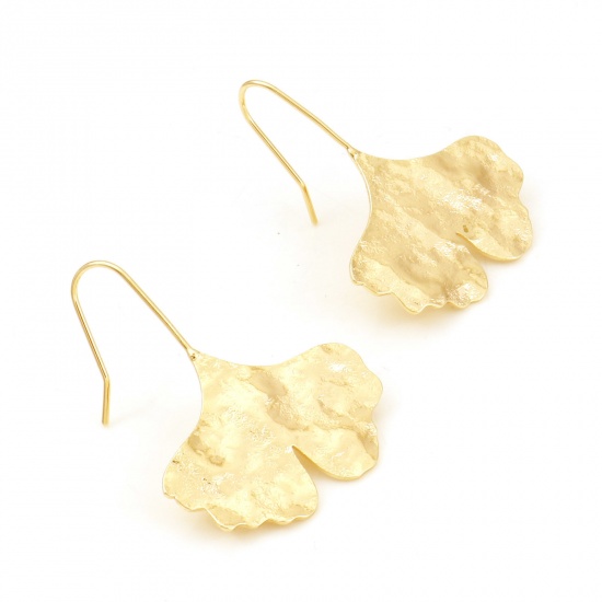 Picture of Brass Flora Collection Ear Wire Hook Earrings Matt Gold Gingko Leaf 39mm x 19mm, Post/ Wire Size: (21 gauge), 2 PCs