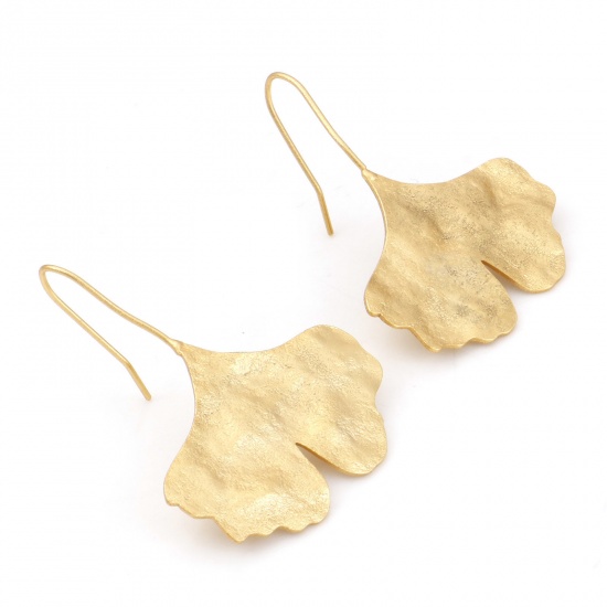 Picture of Brass Flora Collection Ear Wire Hook Earrings Real Gold Plated Gingko Leaf 39mm x 19mm, Post/ Wire Size: (21 gauge), 2 PCs