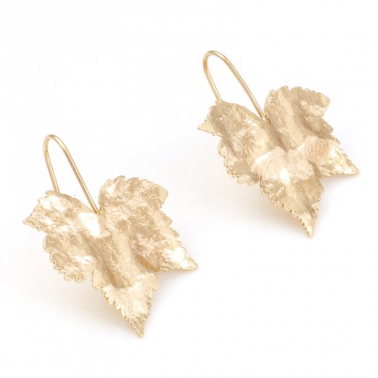 Picture of Brass Flora Collection Ear Wire Hook Earrings Matt Gold Leaf 34mm x 26mm, Post/ Wire Size: (21 gauge), 2 PCs