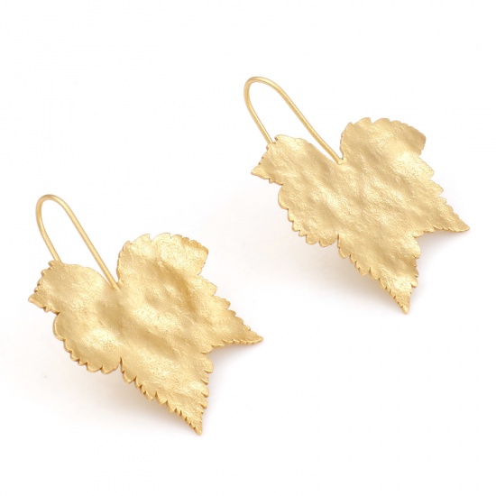 Picture of Brass Flora Collection Ear Wire Hook Earrings Real Gold Plated Leaf 34mm x 26mm, Post/ Wire Size: (21 gauge), 2 PCs