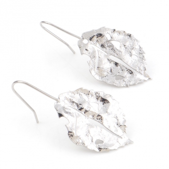 Picture of Brass Flora Collection Ear Wire Hook Earrings Real Platinum Plated Leaf 41mm x 19mm, Post/ Wire Size: (21 gauge), 2 PCs