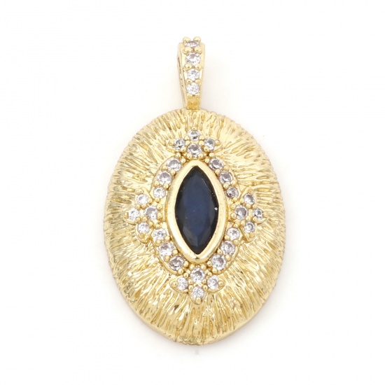 Picture of Brass Galaxy Charms 18K Real Gold Plated Dark Blue Oval Micro Pave Clear Cubic Zirconia 24mm x 14mm, 1 Piece