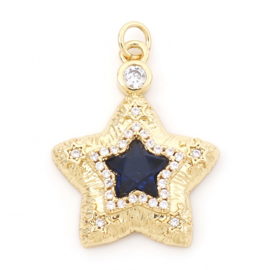Picture of Brass Galaxy Charms 18K Real Gold Plated Dark Blue Pentagram Star Micro Pave Clear Cubic Zirconia 24mm x 17mm, 1 Piece