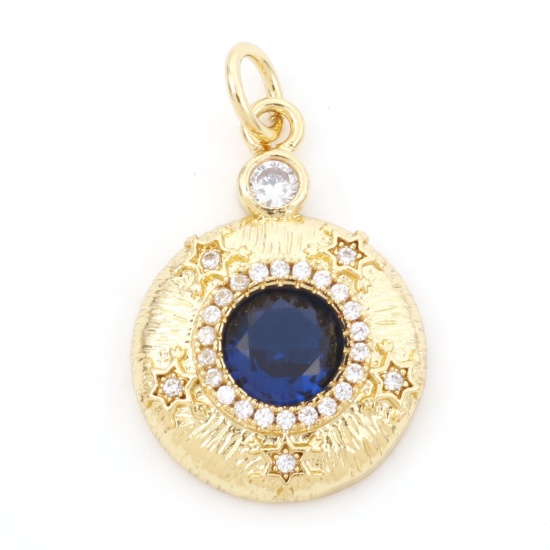 Picture of Brass Galaxy Charms 18K Real Gold Plated Dark Blue Round Star Micro Pave Clear Cubic Zirconia 24mm x 14mm, 1 Piece