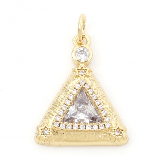 Picture of Brass Galaxy Charms 18K Real Gold Plated Triangle Micro Pave Clear Cubic Zirconia 23mm x 15mm, 1 Piece