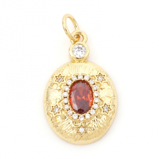 Picture of Brass Galaxy Charms 18K Real Gold Plated Red Oval Micro Pave Clear Cubic Zirconia 24mm x 12.5mm, 1 Piece