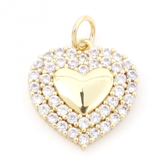 Picture of Brass Galaxy Charms 18K Real Gold Plated Heart Micro Pave Clear Cubic Zirconia 19mm x 15mm, 1 Piece