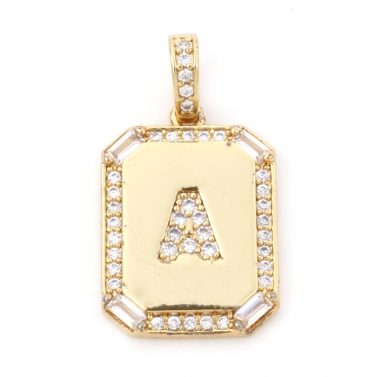 Picture of 1 Piece Brass Charm Pendant 18K Real Gold Plated Rectangle Initial Alphabet/ Capital Letter Message " A " Clear Cubic Zirconia 25mm x 14mm