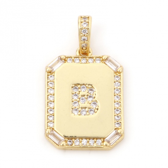 Picture of 1 Piece Brass Charm Pendant 18K Real Gold Plated Rectangle Initial Alphabet/ Capital Letter Message " B " Clear Cubic Zirconia 25mm x 14mm