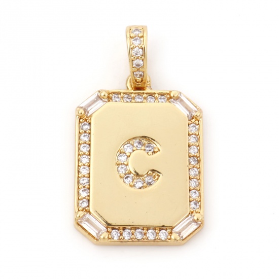 Picture of 1 Piece Brass Charm Pendant 18K Real Gold Plated Rectangle Initial Alphabet/ Capital Letter Message " C " Clear Cubic Zirconia 25mm x 14mm
