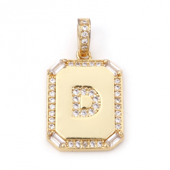 Picture of 1 Piece Brass Charm Pendant 18K Real Gold Plated Rectangle Initial Alphabet/ Capital Letter Message " D " Clear Cubic Zirconia 25mm x 14mm