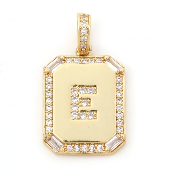 Picture of 1 Piece Brass Charm Pendant 18K Real Gold Plated Rectangle Initial Alphabet/ Capital Letter Message " E " Clear Cubic Zirconia 25mm x 14mm