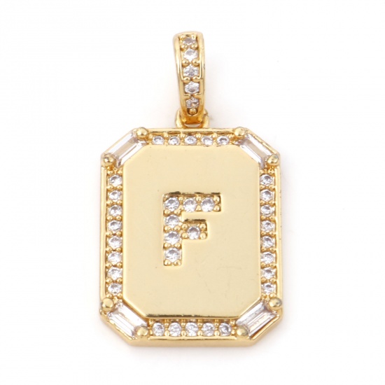 Picture of 1 Piece Brass Charm Pendant 18K Real Gold Plated Rectangle Initial Alphabet/ Capital Letter Message " F " Clear Cubic Zirconia 25mm x 14mm