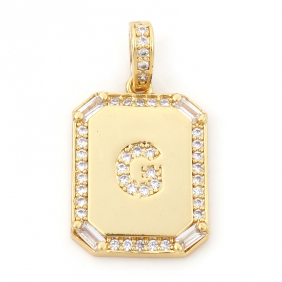 Picture of 1 Piece Brass Charm Pendant 18K Real Gold Plated Rectangle Initial Alphabet/ Capital Letter Message " G " Clear Cubic Zirconia 25mm x 14mm