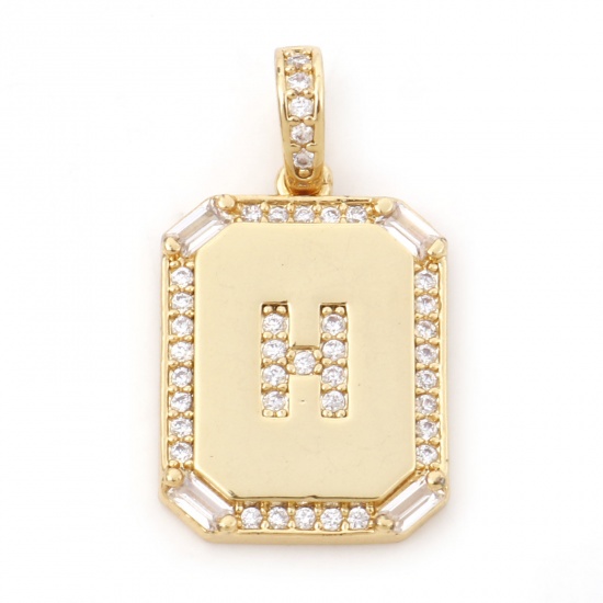Picture of 1 Piece Brass Charm Pendant 18K Real Gold Plated Rectangle Initial Alphabet/ Capital Letter Message " H " Clear Cubic Zirconia 25mm x 14mm