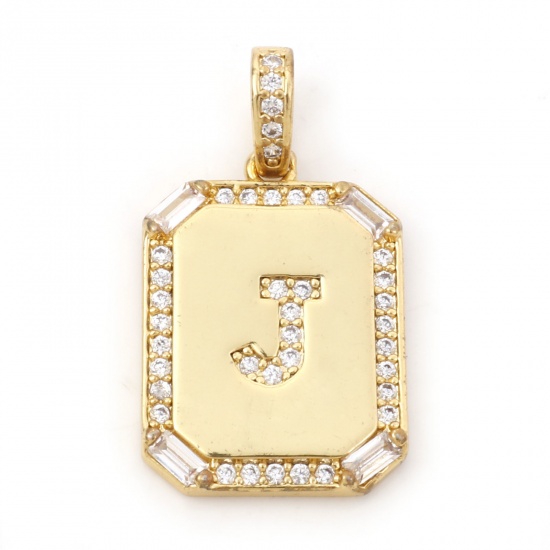Picture of 1 Piece Brass Charm Pendant 18K Real Gold Plated Rectangle Initial Alphabet/ Capital Letter Message " J " Clear Cubic Zirconia 25mm x 14mm