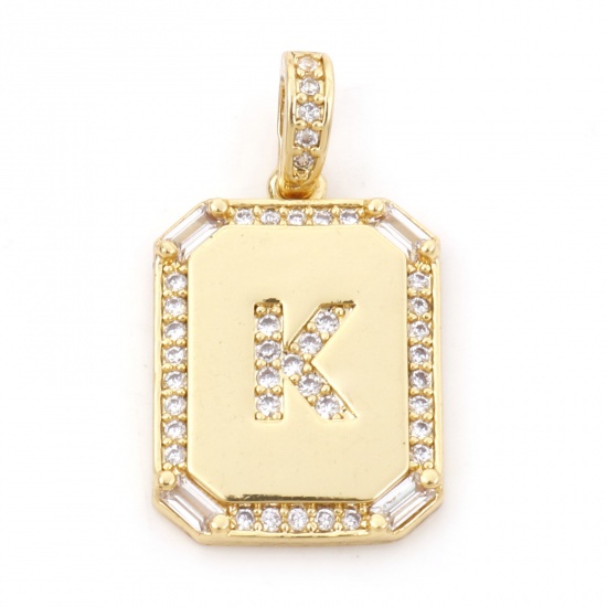 Picture of 1 Piece Brass Charm Pendant 18K Real Gold Plated Rectangle Initial Alphabet/ Capital Letter Message " K " Clear Cubic Zirconia 25mm x 14mm