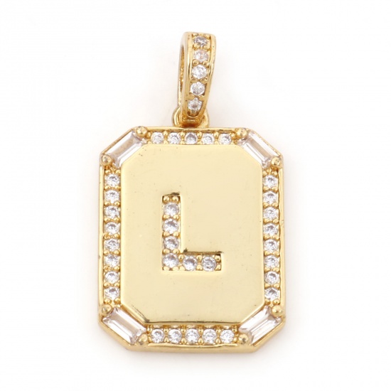 Picture of 1 Piece Brass Charm Pendant 18K Real Gold Plated Rectangle Initial Alphabet/ Capital Letter Message " L " Clear Cubic Zirconia 25mm x 14mm