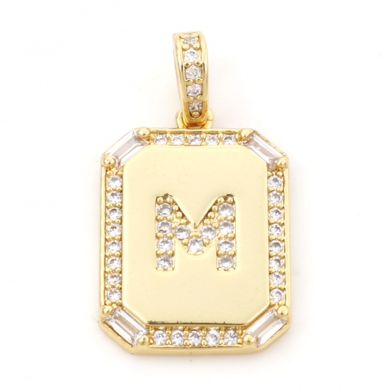 Picture of 1 Piece Brass Charm Pendant 18K Real Gold Plated Rectangle Initial Alphabet/ Capital Letter Message " M " Clear Cubic Zirconia 25mm x 14mm