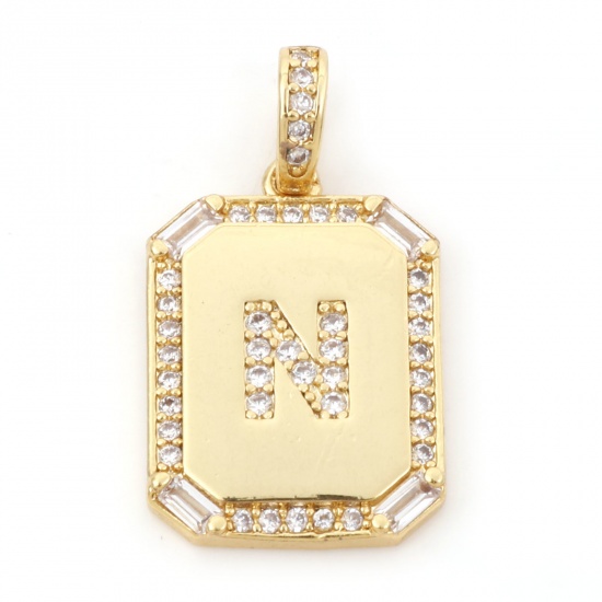 Picture of 1 Piece Brass Charm Pendant 18K Real Gold Plated Rectangle Initial Alphabet/ Capital Letter Message " N " Clear Cubic Zirconia 25mm x 14mm