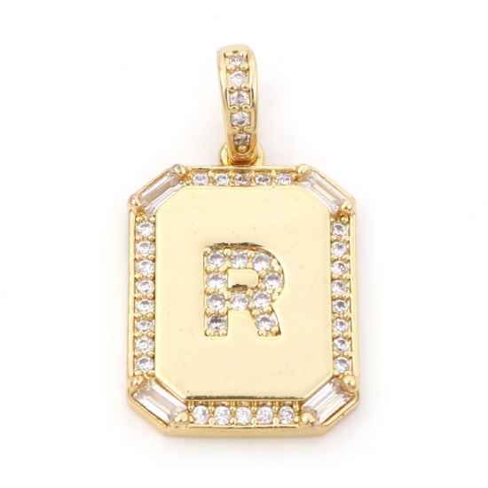 Picture of 1 Piece Brass Charm Pendant 18K Real Gold Plated Rectangle Initial Alphabet/ Capital Letter Message " R " Clear Cubic Zirconia 25mm x 14mm