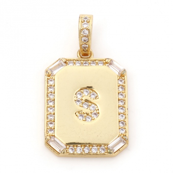 Picture of 1 Piece Brass Charm Pendant 18K Real Gold Plated Rectangle Initial Alphabet/ Capital Letter Message " S " Clear Cubic Zirconia 25mm x 14mm