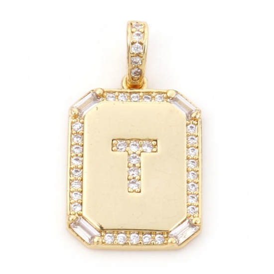 Picture of 1 Piece Brass Charm Pendant 18K Real Gold Plated Rectangle Initial Alphabet/ Capital Letter Message " T " Clear Cubic Zirconia 25mm x 14mm