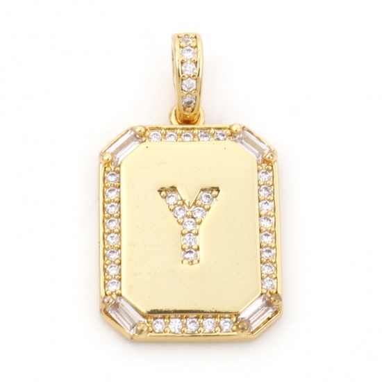 Picture of 1 Piece Brass Charm Pendant 18K Real Gold Plated Rectangle Initial Alphabet/ Capital Letter Message " Y " Clear Cubic Zirconia 25mm x 14mm