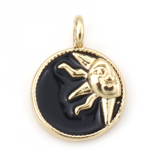 Picture of Brass Galaxy Charms 18K Real Gold Plated Black Round Sun Enamel 15mm x 11mm, 1 Piece