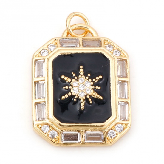 Picture of Brass Micro Pave Charms 18K Real Gold Plated Black Octagon Star Enamel Clear Cubic Zirconia 26mm x 18mm, 1 Piece                                                                                                                                              