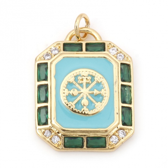 Picture of Brass Micro Pave Charms 18K Real Gold Plated Mint Green Octagon Compass Enamel Clear Cubic Zirconia 26mm x 18mm, 1 Piece                                                                                                                                      