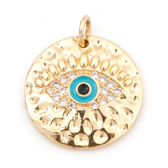 Picture of Brass Religious Charms 18K Real Gold Plated Blue Round Evil Eye Micro Pave Clear Cubic Zirconia 21mm x 18mm, 1 Piece                                                                                                                                          