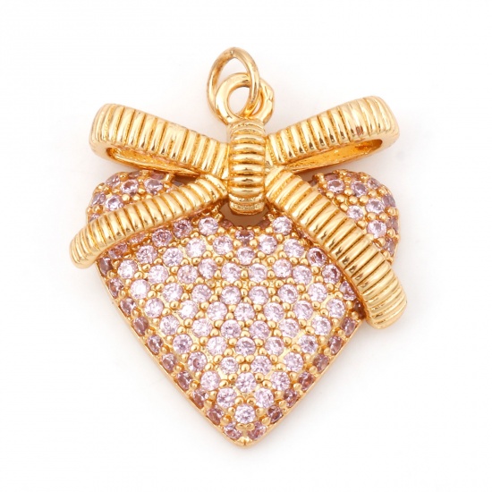 Picture of Brass Valentine's Day Charms 18K Real Gold Plated Heart Micro Pave Pink Cubic Zirconia 27mm x 22mm, 1 Piece                                                                                                                                                   