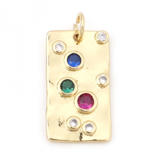 Picture of Brass Micro Pave Charms 18K Real Gold Plated Rectangle Multicolour Cubic Zirconia 23mm x 11mm, 1 Piece                                                                                                                                                        