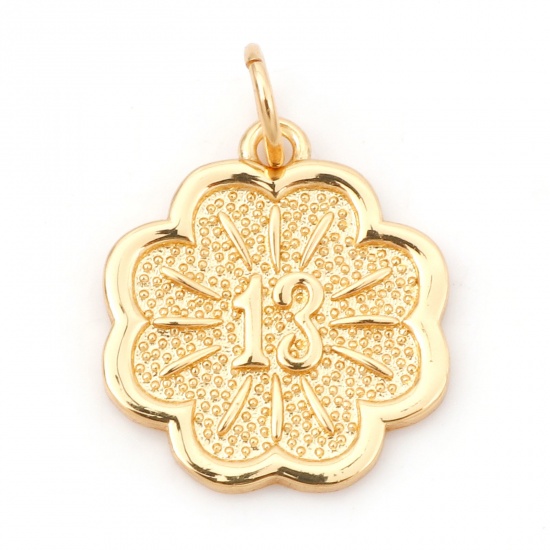 Picture of Brass Charms 18K Real Gold Plated Flower Leaves Message " 13 " 19mm x 14mm, 1 Piece                                                                                                                                                                           
