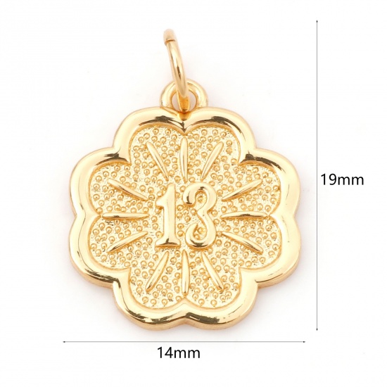 Picture of Brass Charms 18K Real Gold Plated Flower Leaves Message " 13 " 19mm x 14mm, 1 Piece