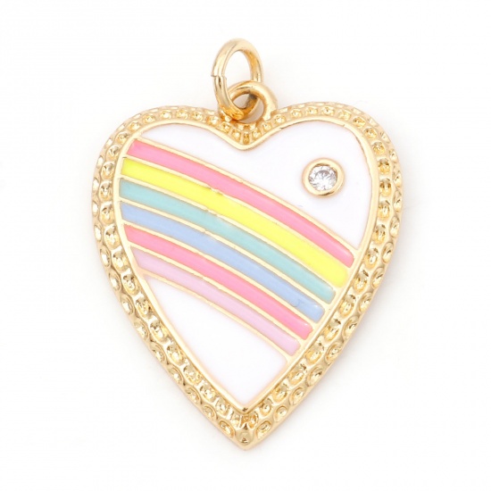 Picture of Brass Weather Collection Charms 18K Real Gold Plated Multicolor Heart Rainbow Enamel Clear Cubic Zirconia 27mm x 19mm, 1 Piece                                                                                                                                