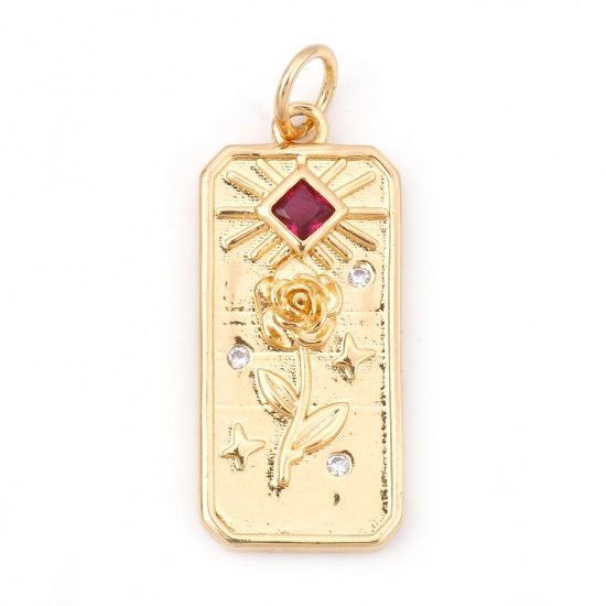 Picture of Brass Valentine's Day Charms 18K Real Gold Plated Rectangle Rose Flower Red Cubic Zirconia 27mm x 10mm, 1 Piece                                                                                                                                               