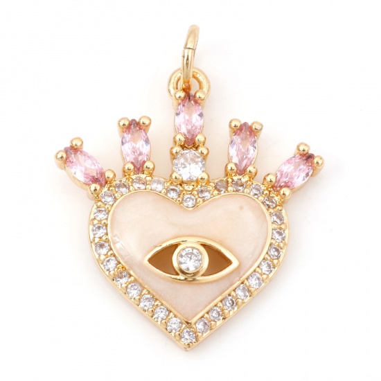 Picture of Brass Valentine's Day Charms 18K Real Gold Plated Heart Eye Enamel Pink Cubic Zirconia 25mm x 19mm, 1 Piece                                                                                                                                                   