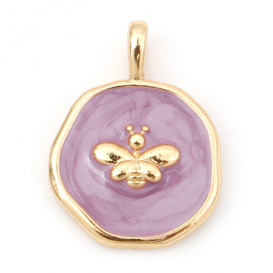 Picture of Brass Insect Charms 18K Real Gold Plated Purple Irregular Bee Enamel 18.5mm x 14mm, 1 Piece                                                                                                                                                                   
