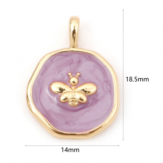 Picture of Brass Insect Charms 18K Real Gold Plated Purple Irregular Bee Enamel 18.5mm x 14mm, 1 Piece