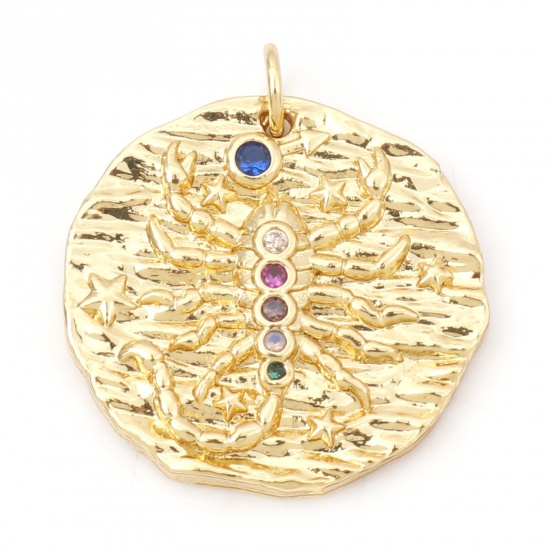 Picture of Brass Micro Pave Charms 18K Real Gold Plated Round Disc Scorpio Sign Of Zodiac Constellations Micro Pave Multicolour Cubic Zirconia 25mm x 21mm, 1 Piece
