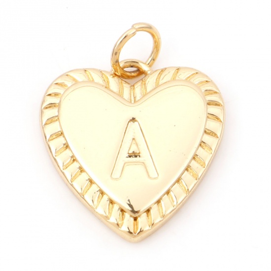 Picture of Brass Valentine's Day Charms 18K Real Gold Plated Heart Initial Alphabet/ Capital Letter Message " A " 19mm x 15mm, 1 Piece