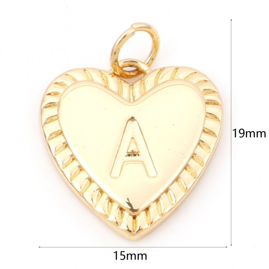 Picture of Brass Valentine's Day Charms 18K Real Gold Plated Heart Initial Alphabet/ Capital Letter Message " A " 19mm x 15mm, 1 Piece