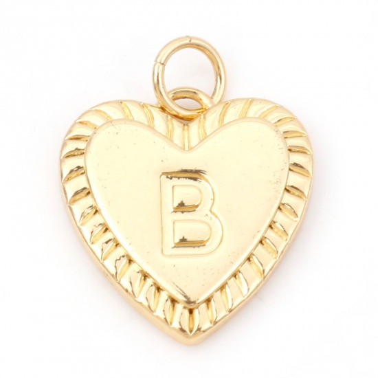 Picture of Brass Valentine's Day Charms 18K Real Gold Plated Heart Initial Alphabet/ Capital Letter Message " B " 19mm x 15mm, 1 Piece