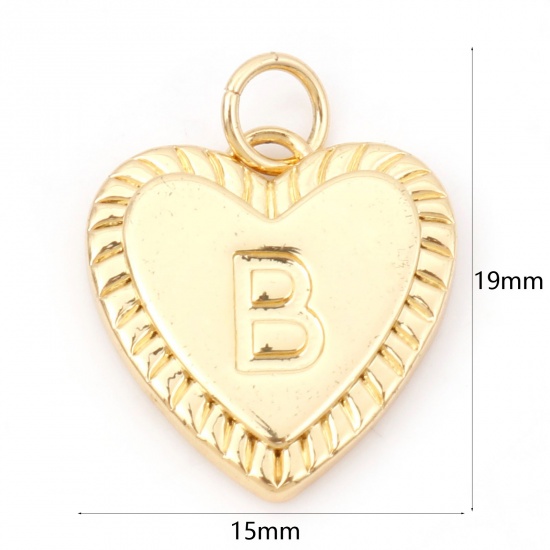 Picture of Brass Valentine's Day Charms 18K Real Gold Plated Heart Initial Alphabet/ Capital Letter Message " B " 19mm x 15mm, 1 Piece