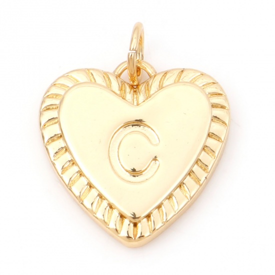 Picture of Brass Valentine's Day Charms 18K Real Gold Plated Heart Initial Alphabet/ Capital Letter Message " C " 19mm x 15mm, 1 Piece