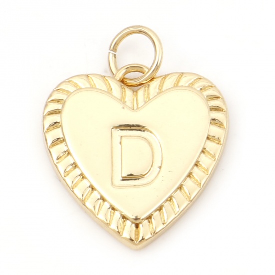 Picture of Brass Valentine's Day Charms 18K Real Gold Plated Heart Initial Alphabet/ Capital Letter Message " D " 19mm x 15mm, 1 Piece