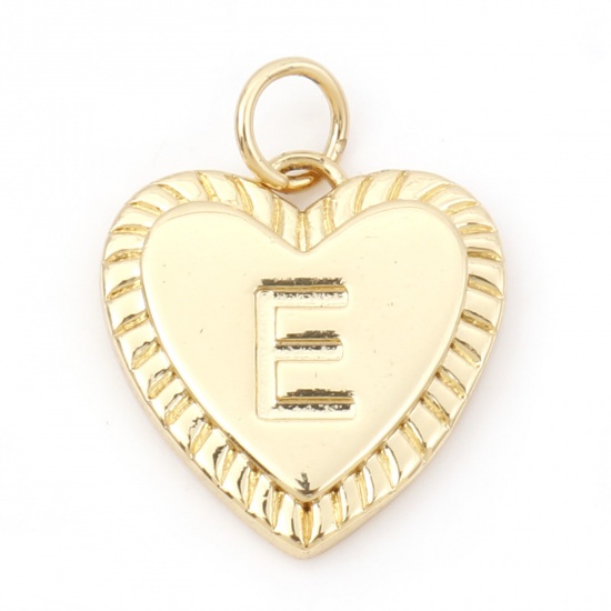 Picture of Brass Valentine's Day Charms 18K Real Gold Plated Heart Initial Alphabet/ Capital Letter Message " E " 19mm x 15mm, 1 Piece